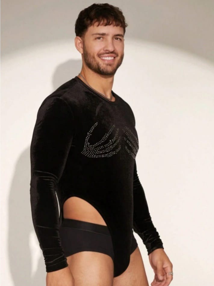 Men's crew neck long sleeve Rhinestone Decor Bodysuit